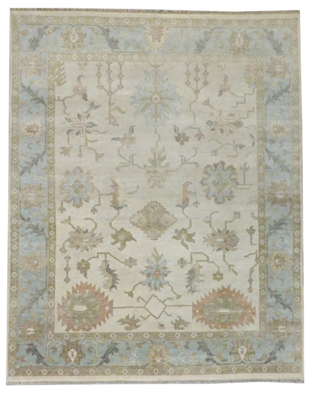 Anatolian Oushak silver wash hand-knotted wool rug in beige and blue, full view, 8x10