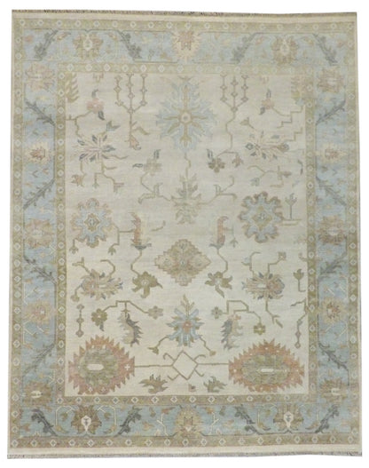Anatolian Oushak silver wash hand-knotted wool rug in beige and blue, full view, 8x10