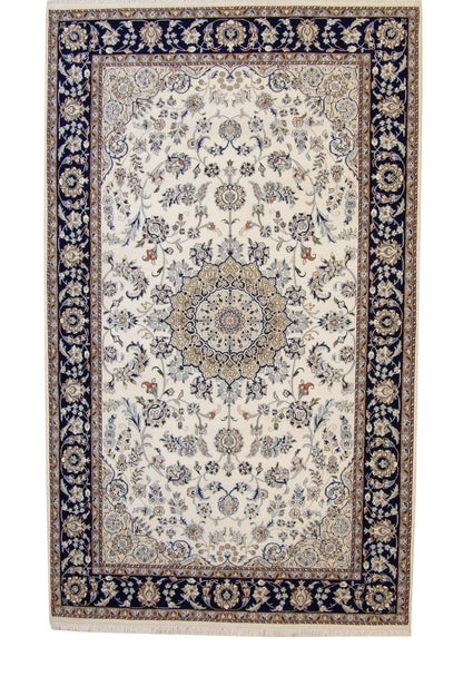 Traditional Fine Nain hand-knotted wool rug in Blue & Beige, full view