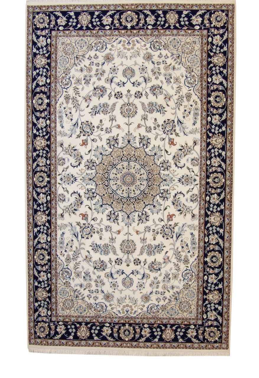 Traditional Fine Nain hand-knotted wool rug in Blue & Beige, full view