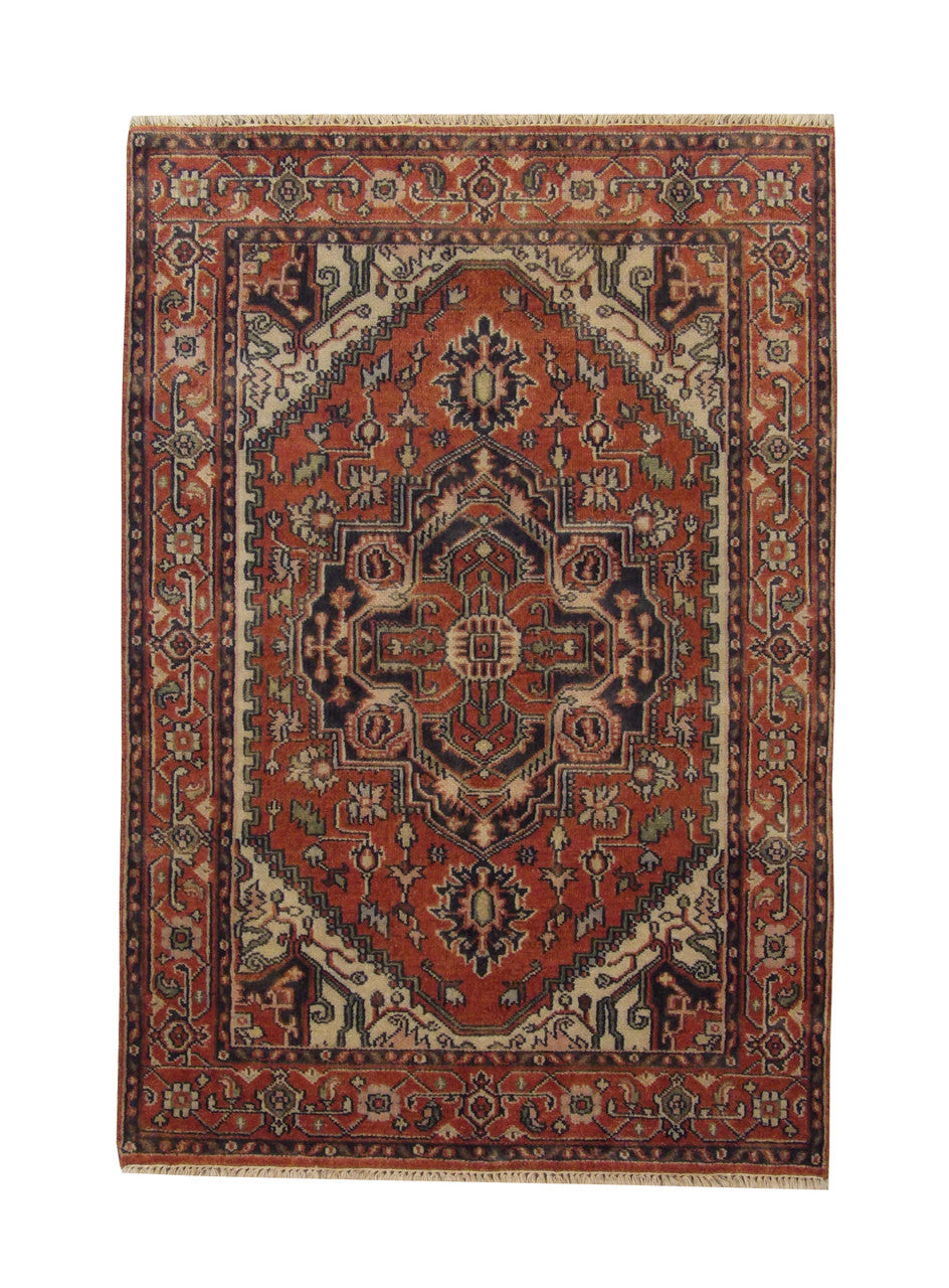 Tribal Heriz hand-knotted wool rug in Rust, full view
