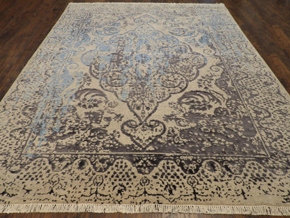 Close-up of wool-silk pile, Blue & Gray rug