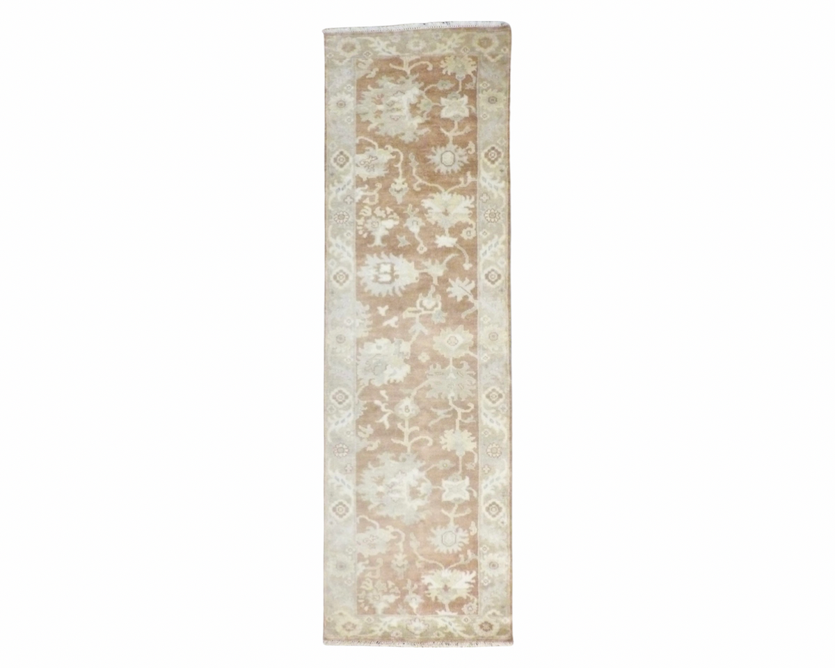 Turkish Oushak hand-knotted wool runner in beige and rust, full view
