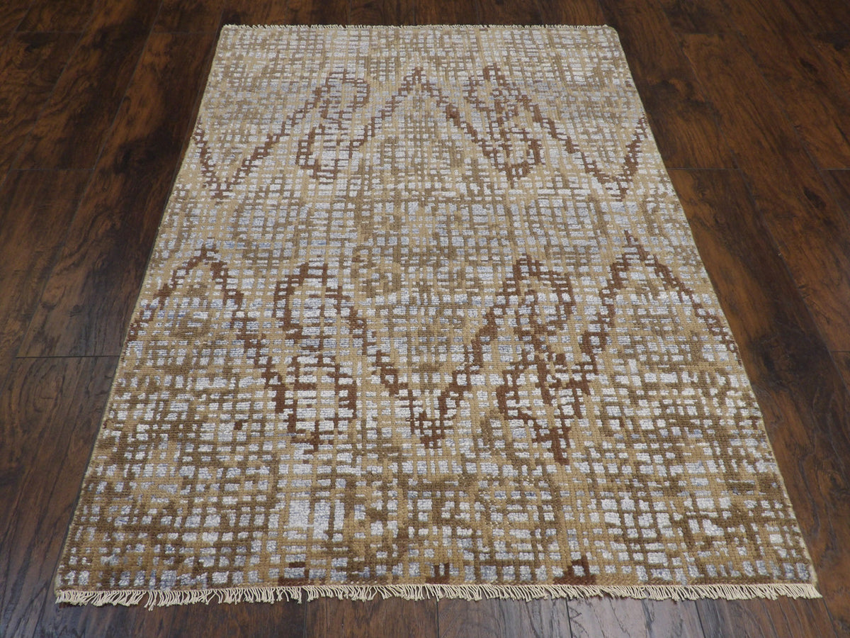 Close-up of wool-silk pile, Blue & Brown rug