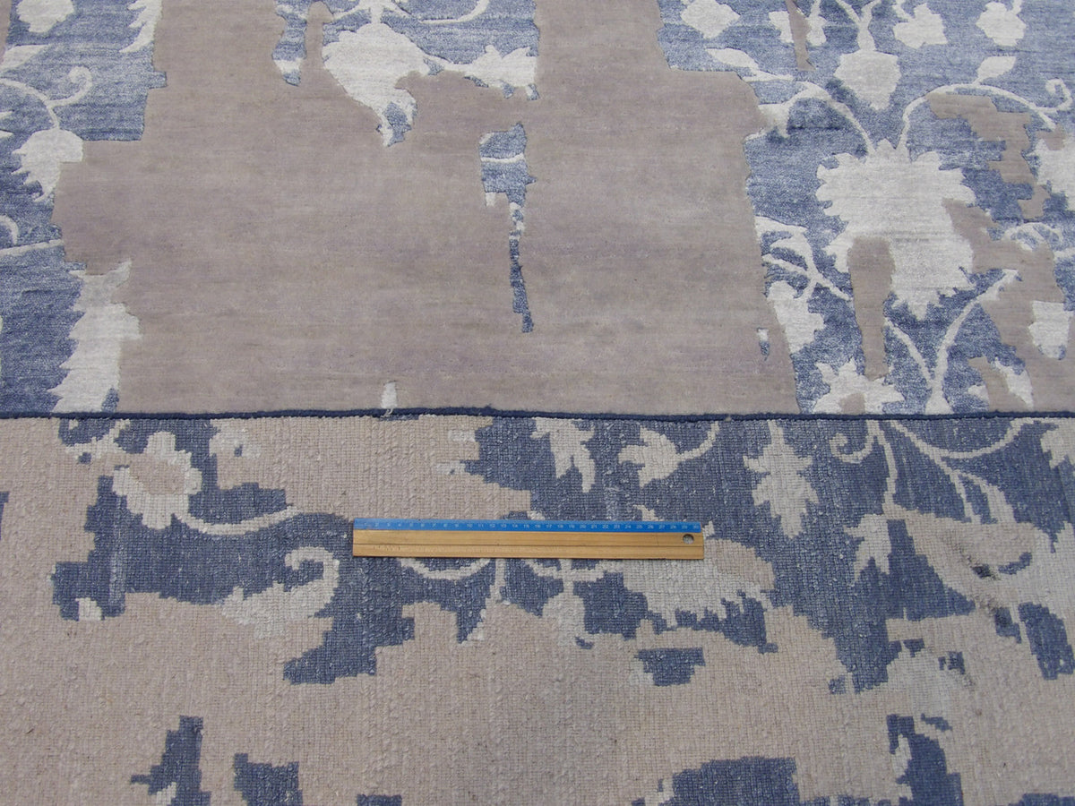 Abstract broken pattern detail, blue and white wool-silk rug