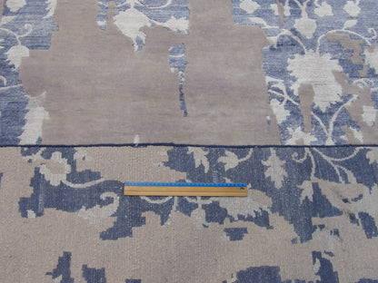 Abstract broken pattern detail, blue and white wool-silk rug