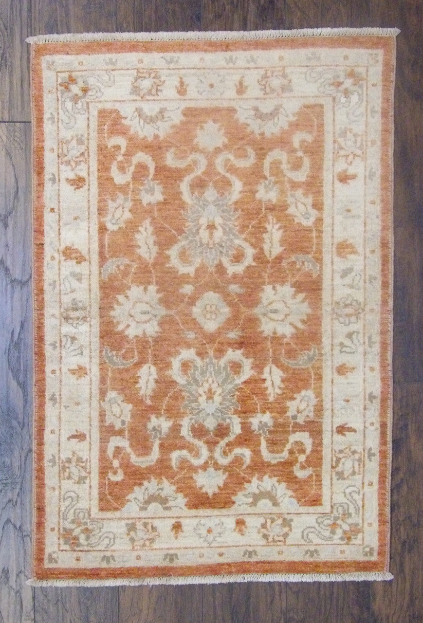Oushak Chobi Natural Dye hand-knotted wool rug in Beige & Rust, full view
