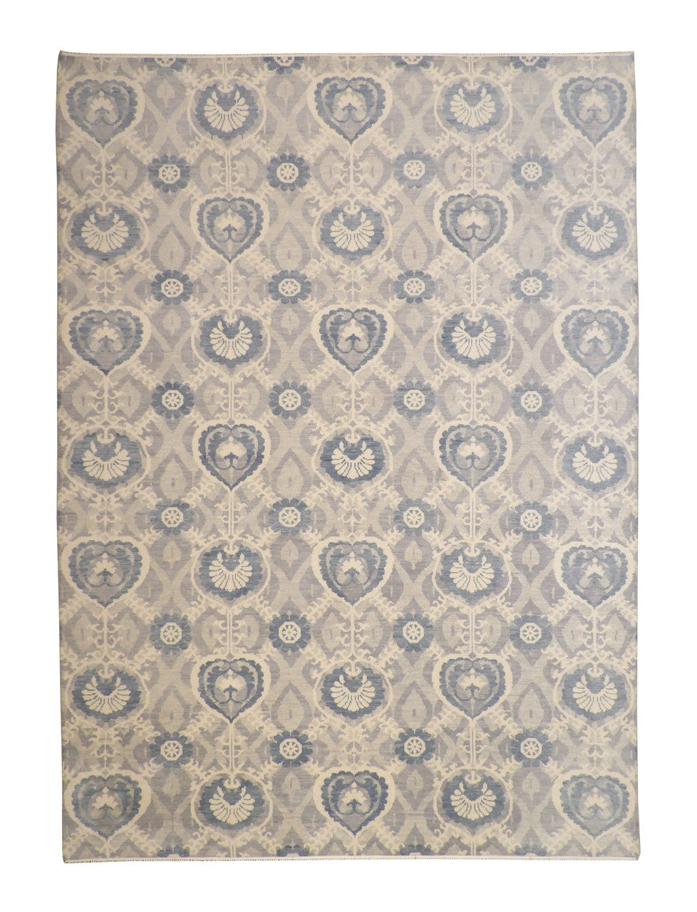 Tribal Ikat hand-knotted wool rug in Blue & Gray, full view