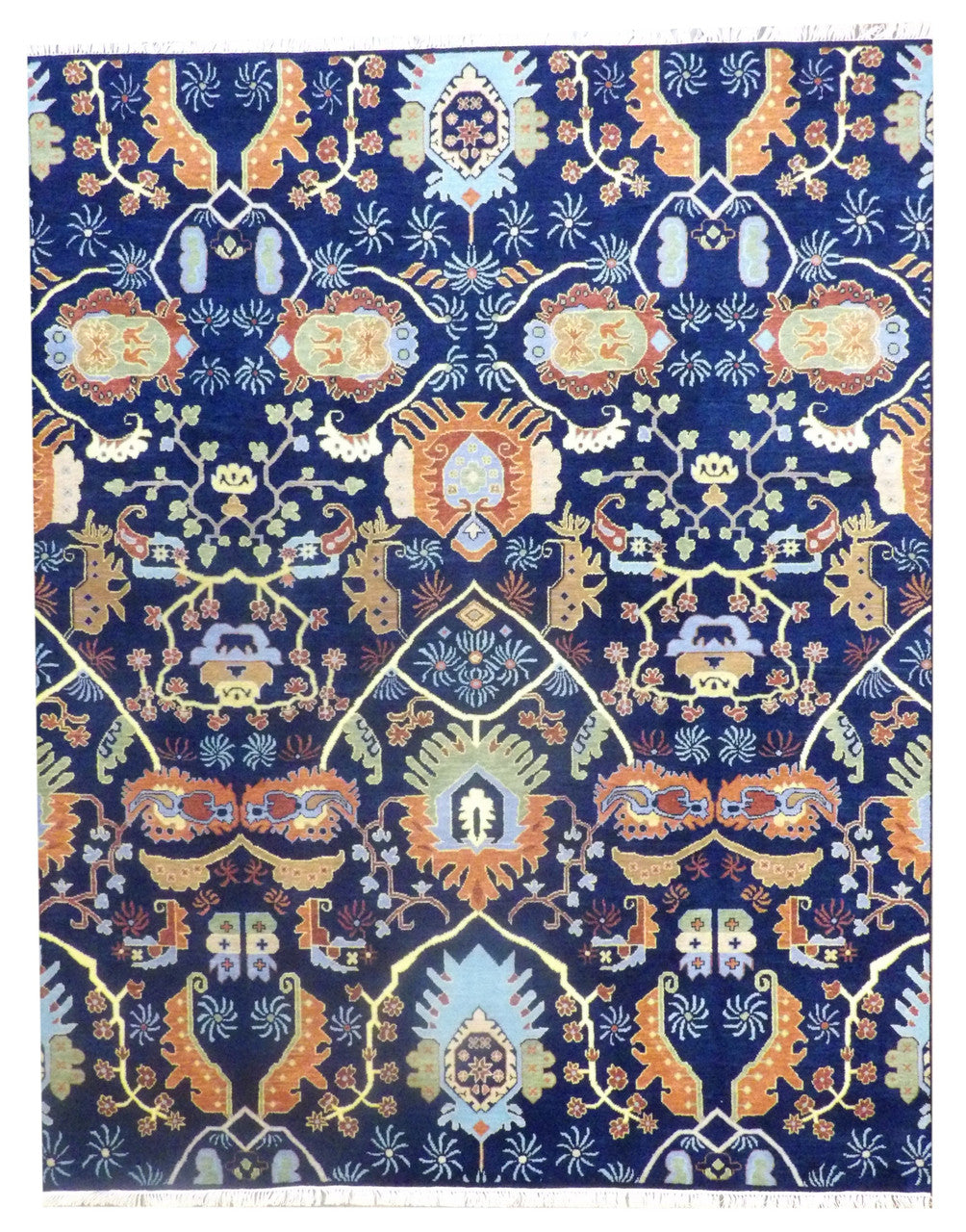 Colorful Modern Rich Ziegler Design hand-knotted wool rug in Blue & Rust, full view