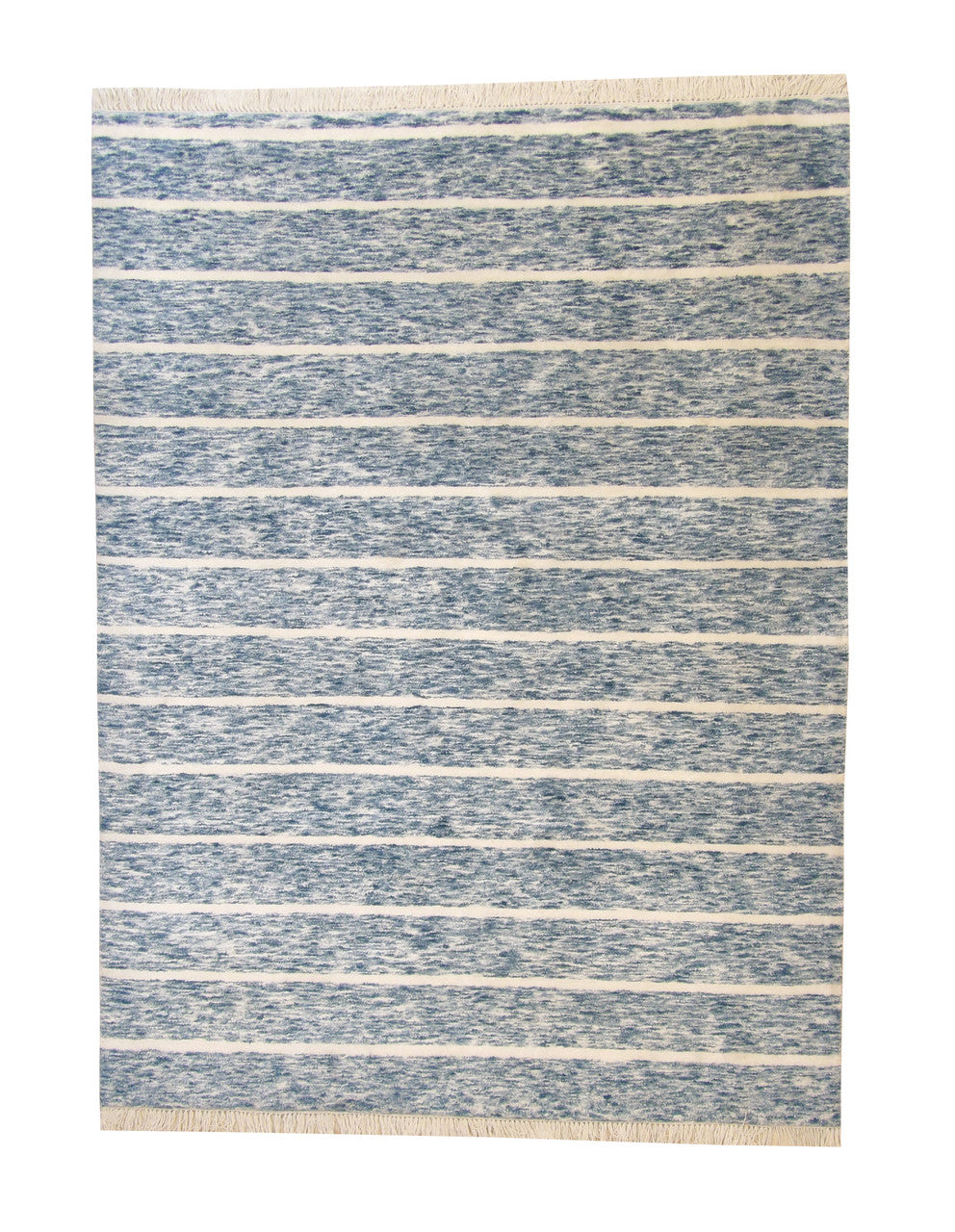 Modern Silken Stripes Design hand-knotted wool-silk rug in Blue & White, full view