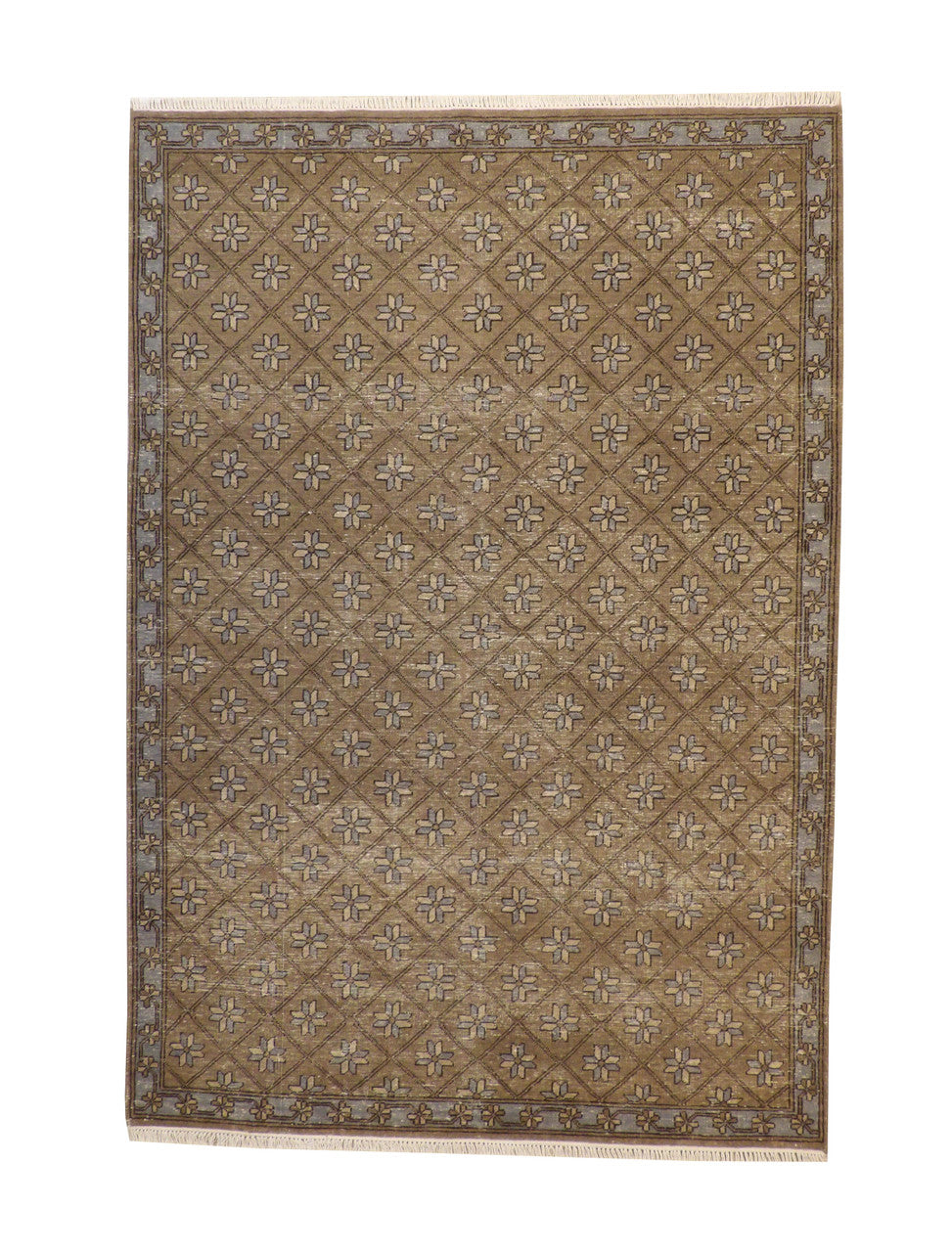 Tribal Flower Kerman hand-knotted wool rug in Brown & Green, full view