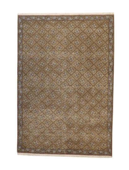 Tribal Flower Kerman hand-knotted wool rug in Brown & Green, full view