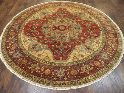 Back of hand-knotted Sherapi round rug showing construction