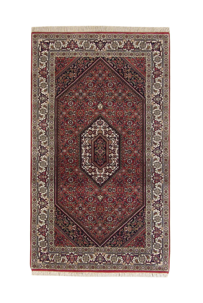 Traditional Indo Bidjar hand-knotted wool rug in Beige & Red, full view