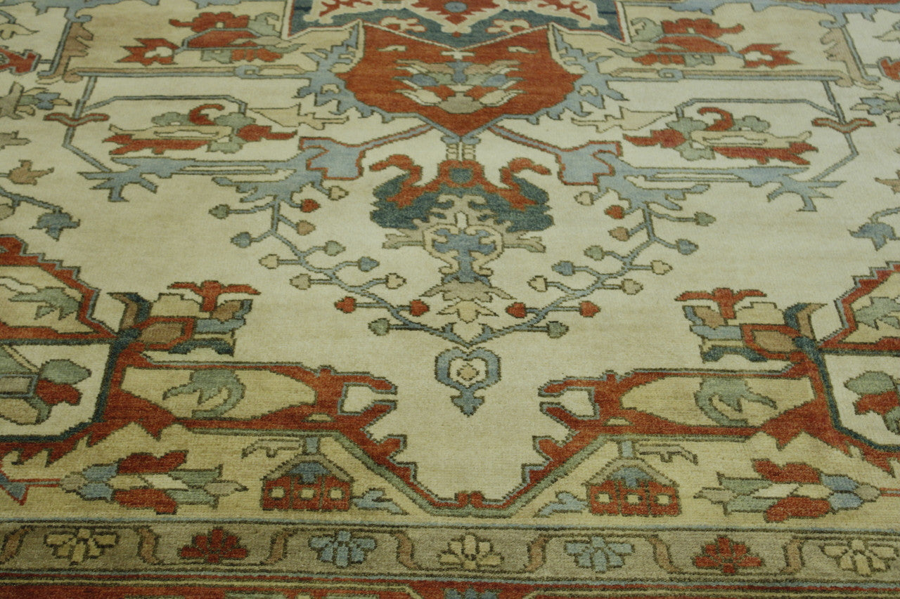 Tribal Heriz rug corner detail