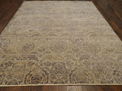 Close-up of wool-silk pile, gray and purple rug