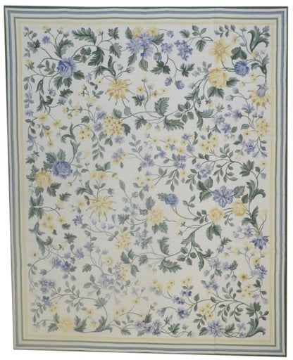 Needlepoint Floral Design hand-knotted wool rug in Green & White, full view