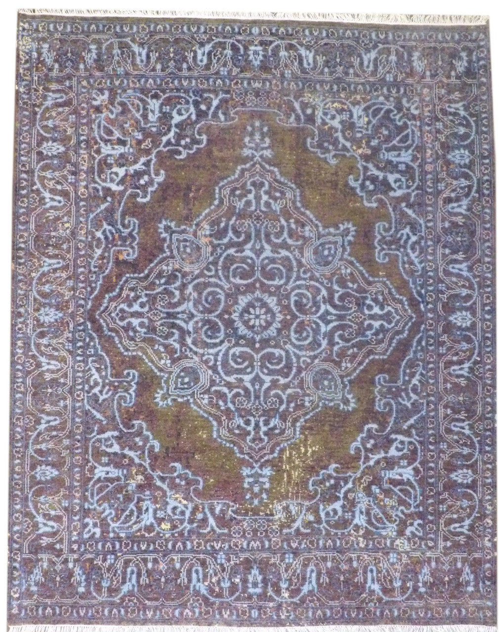 Blue 8'0" x 10'0" Colorful Persian Design High Low Broken Hand knotted Wool/Silk Rug - Sku: w11169