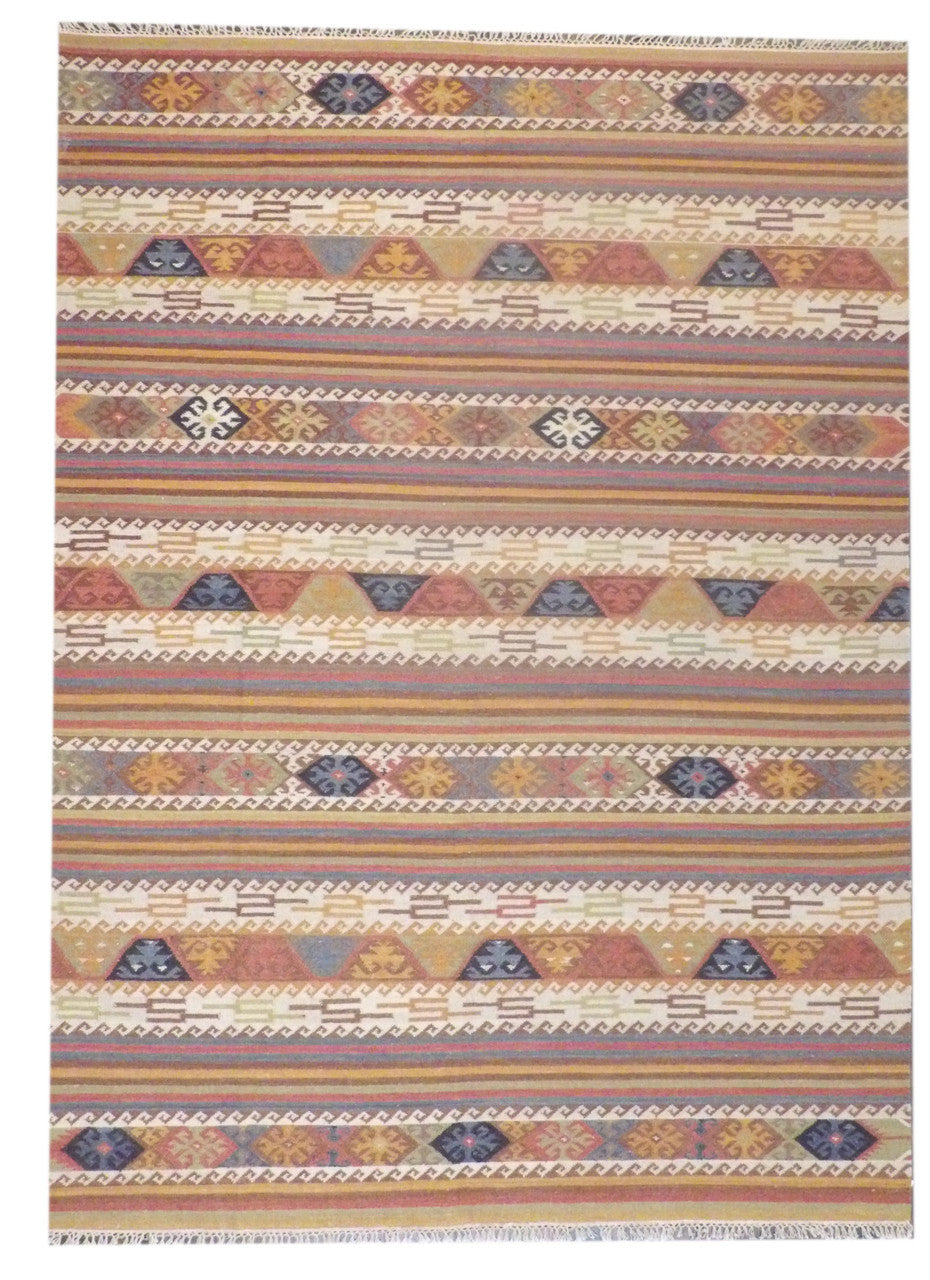 Brown 8'0" x 10'0" Coastal Flat Weave Indoor/Outdoor Beach Hand knotted Wool Rug - Sku: w1094