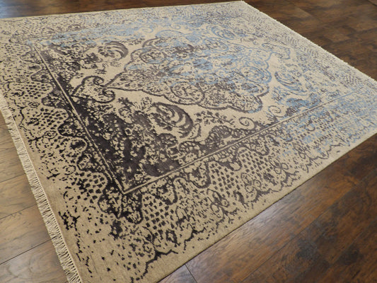 Transitional Silk Broken Design High-Low Carved 8'0"x10'0" Hand-knotted Rug -w11152