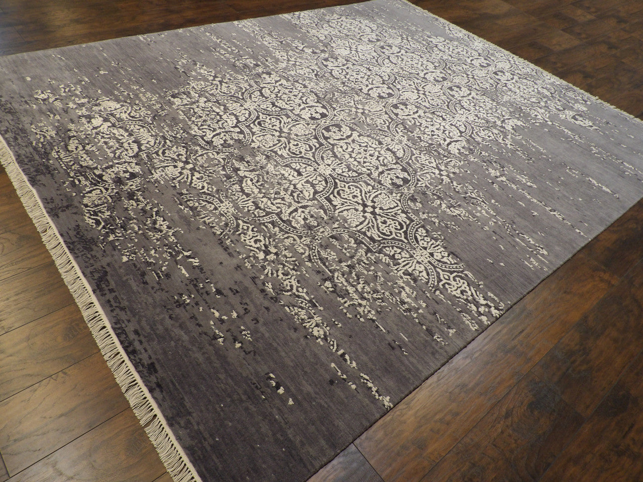 Black 8'0" x 10'0" Modern Oxidized Broken Mosaic Design Carved Hand knotted Wool/Silk Rug - Sku: w11151