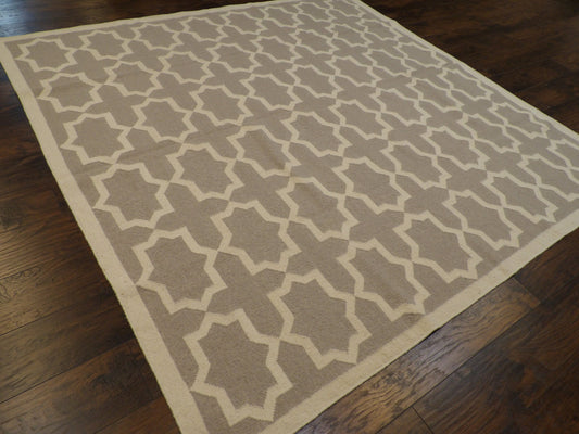Coastal Flat-Weave Indoor/Outdoor Durry Beachy Hand knotted Wool Rug 8'1" x 8'0"  - W1085
