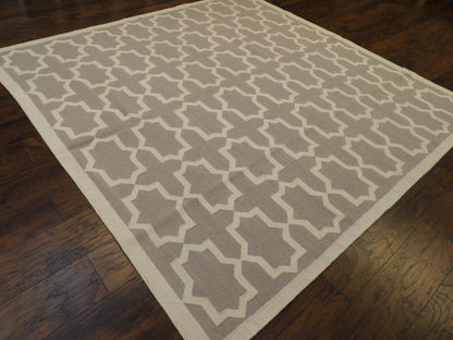 Coastal Flat-Weave Indoor/Outdoor Durry Beachy Hand knotted Wool Rug 8'1" x 8'0"  - W1085