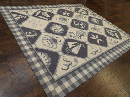 Coastal Flat-Weave Indoor/Outdoor Beach 8'0"x10'0" Hand-knotted Rug -w1087