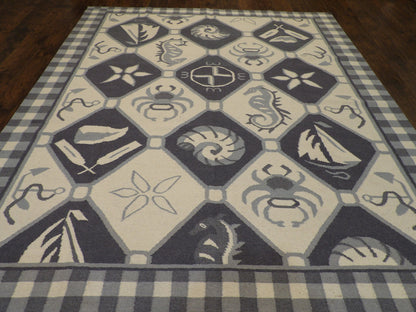 Coastal Flat-Weave Indoor/Outdoor Beach 8'0"x10'0" Hand-knotted Rug -w1087