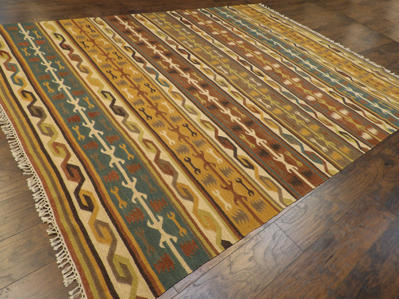 Gold 8'0" x 10'0" Coastal Flat Weave Indoor/Outdoor Hand knotted Wool Rug - Sku: w1100