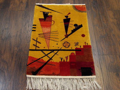 Colorful Picasso Art Hanging Hand knotted Silk Rug 1'6" x 2'0" - W1121