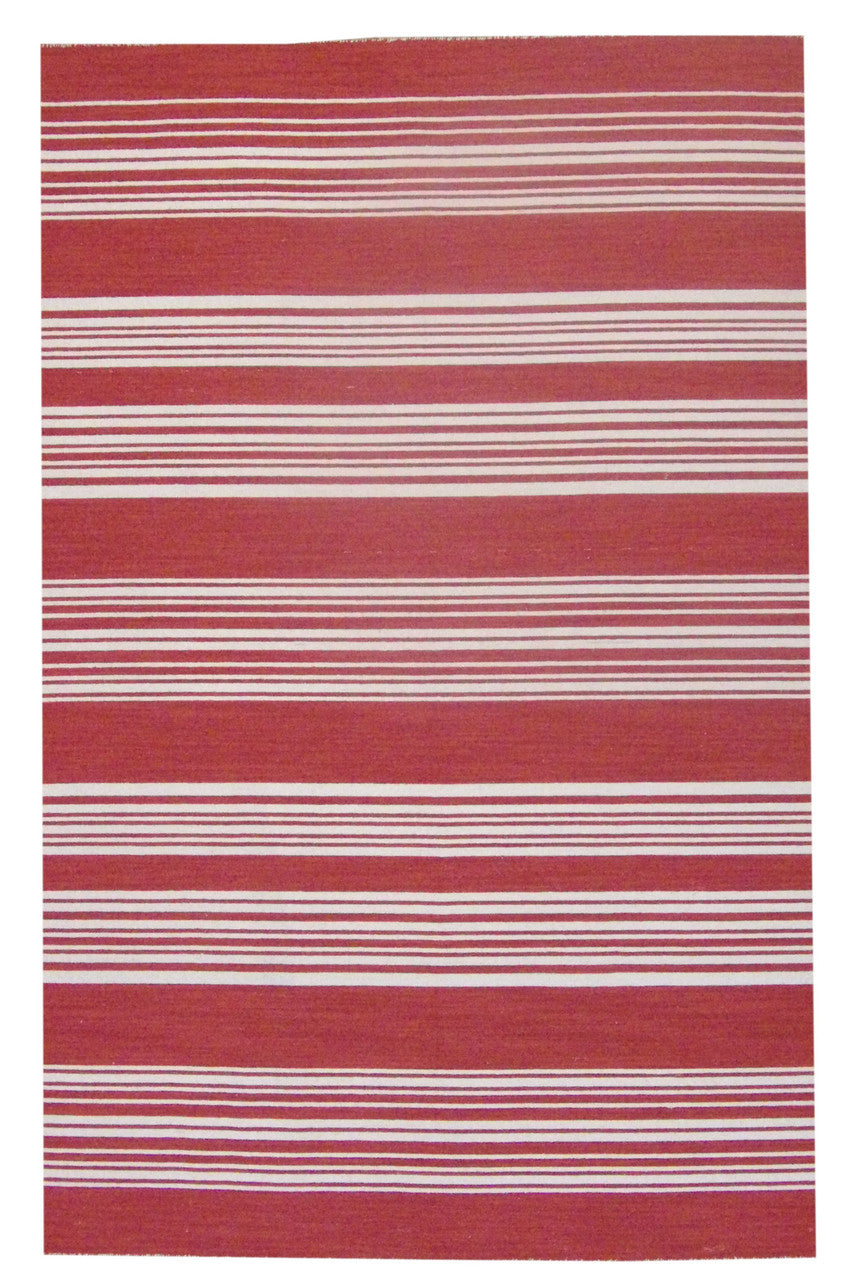 Coastal flat weave hand-knotted wool rug in beige and red, full view, 5x8