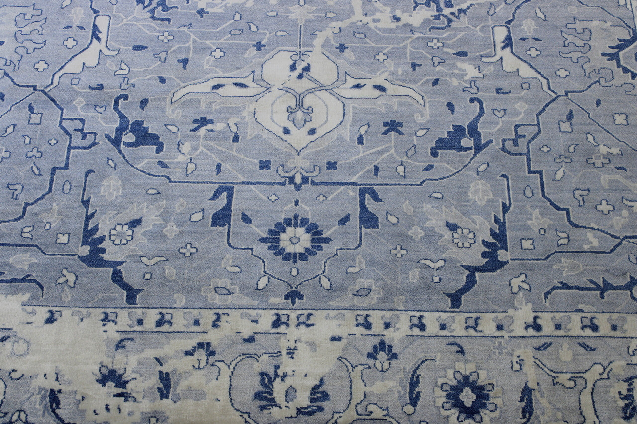 Close-up of wool-silk pile, Blue & White rug