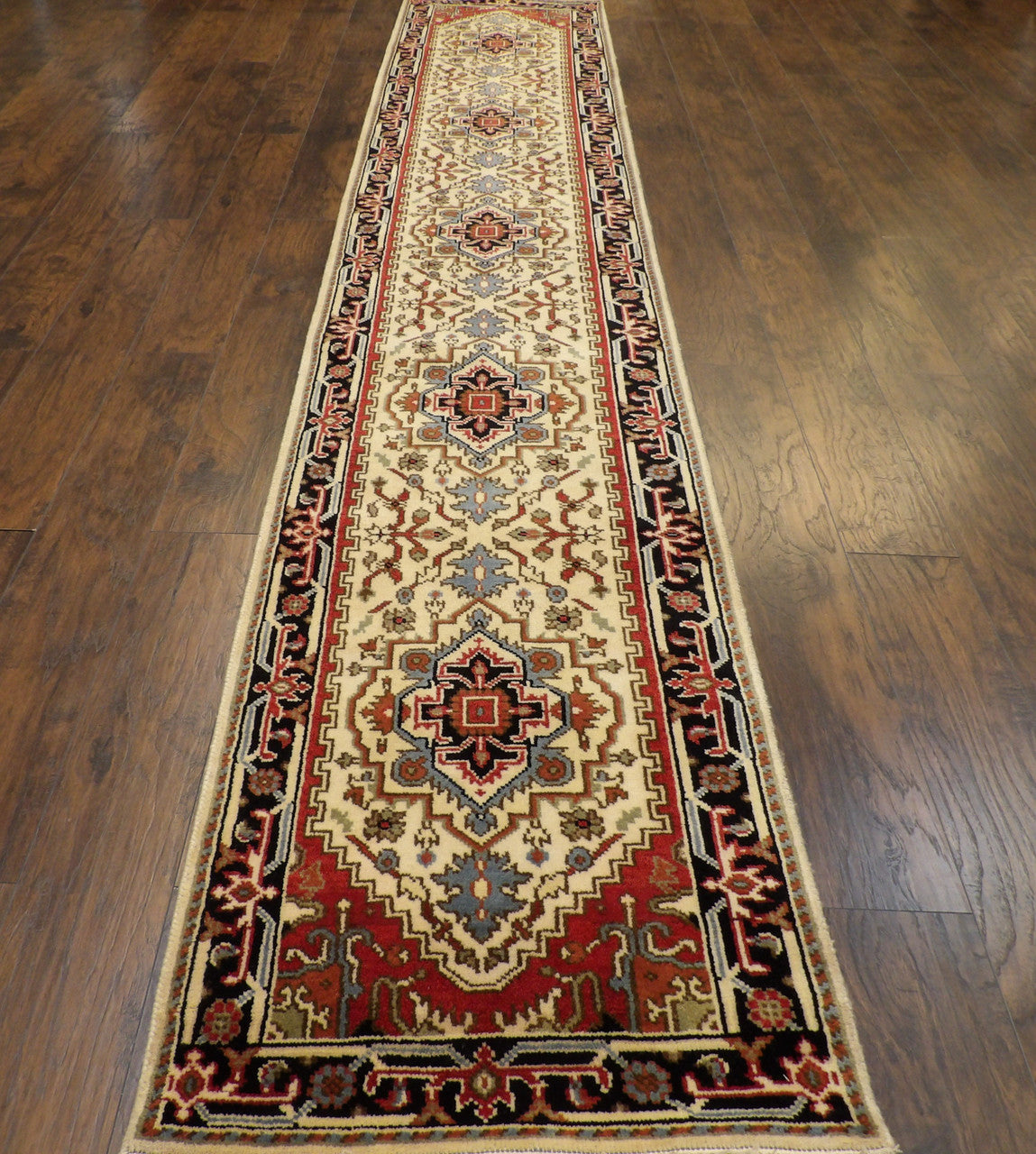 Back of hand-knotted Heriz runner showing construction