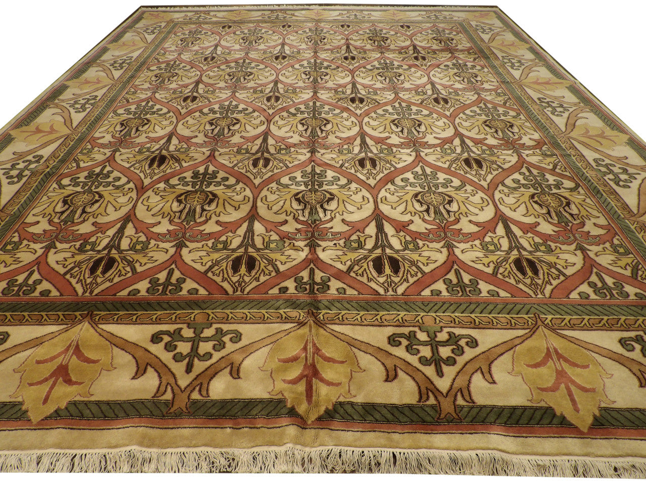 Close-up of Tibetan high-low pile texture on damask rug