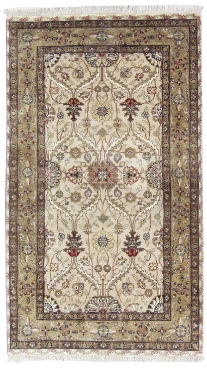 Fine Persian Kashan hand-knotted wool-silk rug in beige and green, full view, 3x5