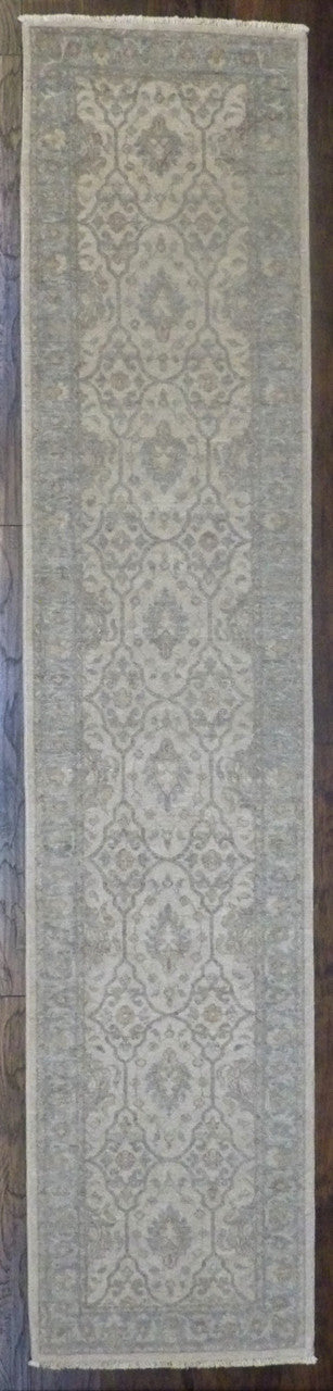 Oushak Chobi hand-knotted wool runner in blue and ivory, full view