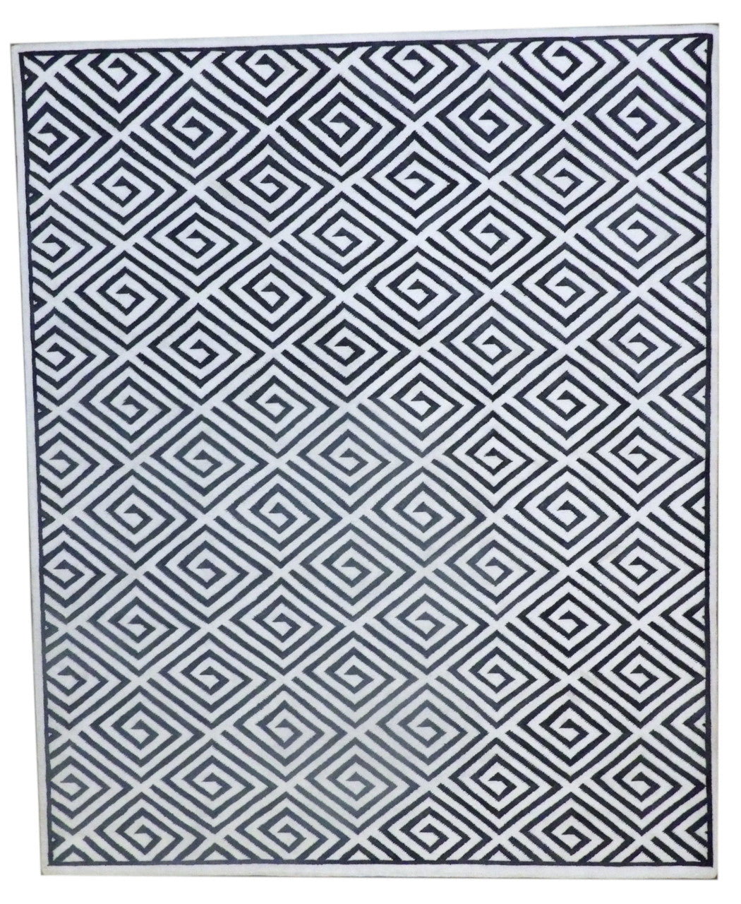 Tibetan line modern hand-knotted wool-silk rug in black and white, full view