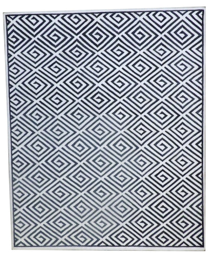 Tibetan line modern hand-knotted wool-silk rug in black and white, full view