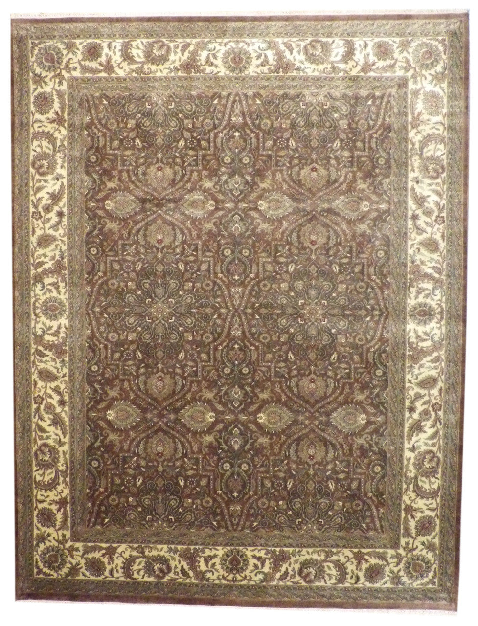 Fine Persian Mashad hand-knotted wool rug in brown and gold, full view
