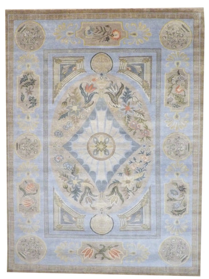 European Abusson hand-knotted wool rug in Blue & Brown, full view