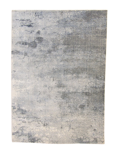 Modern Abstract Design hand-knotted silk rug in Blue & White, full view