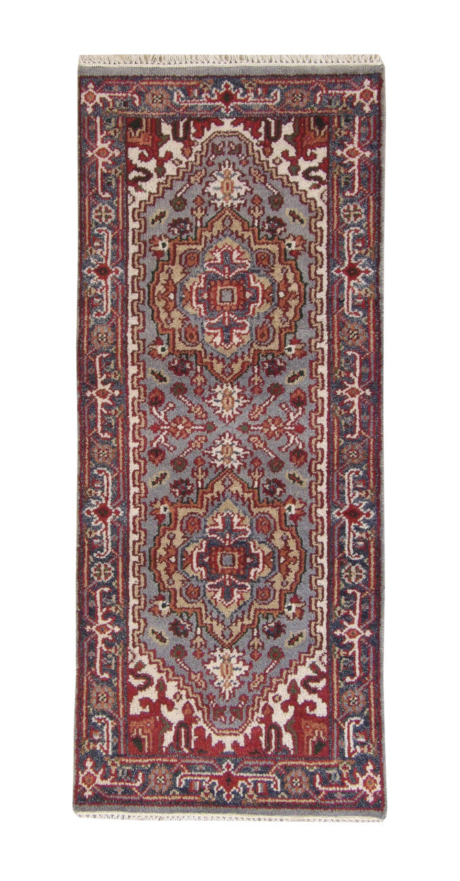 Tribal Indo Heriz hand-knotted wool rug in Blue, full view