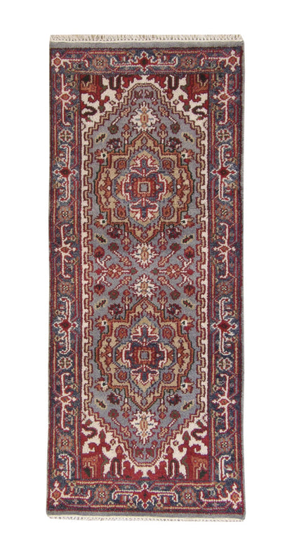 Tribal Indo Heriz hand-knotted wool rug in Blue, full view