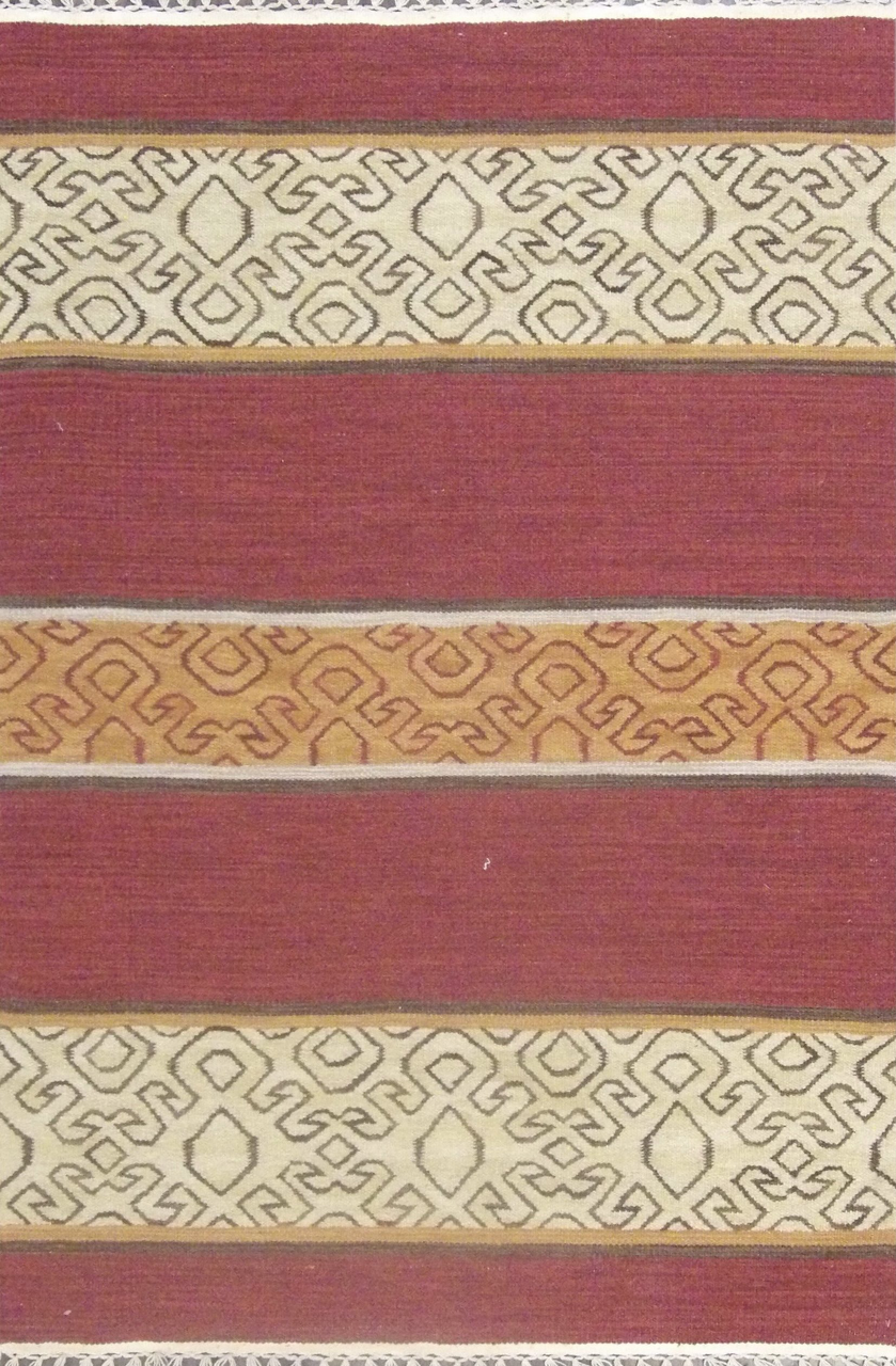 Anatolian stripe kilim flat weave hand-knotted wool rug in gold and rust, full view