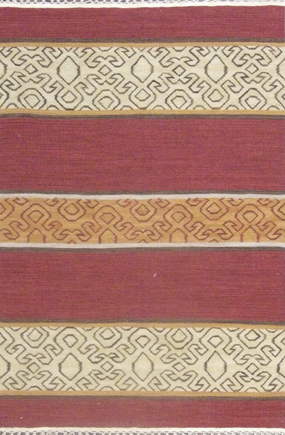 Anatolian stripe kilim flat weave hand-knotted wool rug in gold and rust, full view