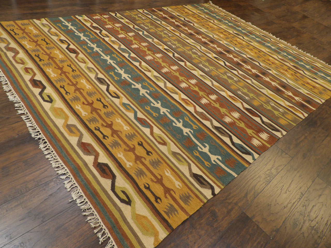 Full view of coastal flat-weave rug