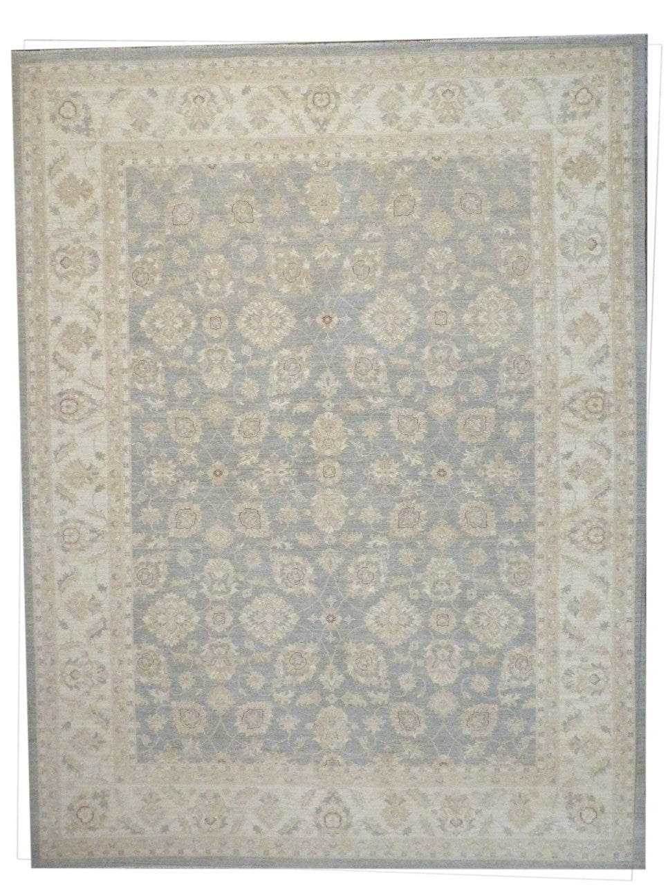 Oushak Chobi Natural Dye hand-knotted wool rug in Blue & Beige, full view
