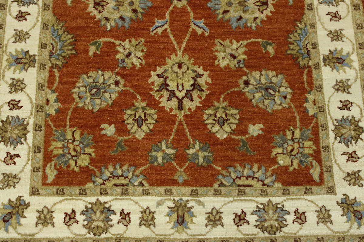 Back of Oushak Agra Chobi hand-knotted rug