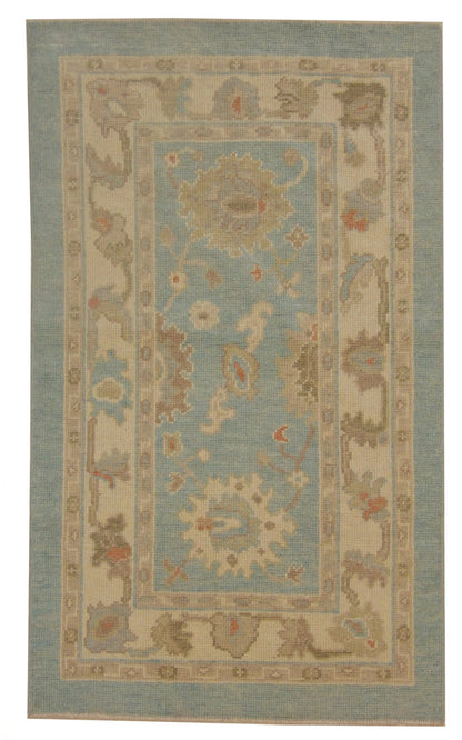 Vintage Oushak hand-knotted wool rug in Blue & Beige, full view